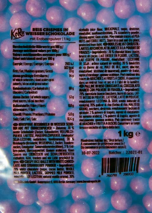 Produktbild KoRo Reis-Crispies in weisser Schokolade mit Erdbeerpulver (1000 g)