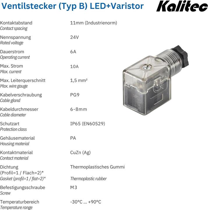 Actual product image Kalitec 3 Stück Ventilstecker Bauform B transparent 3 polig 24V mit Beschaltung I PG9 I LED+Varistor