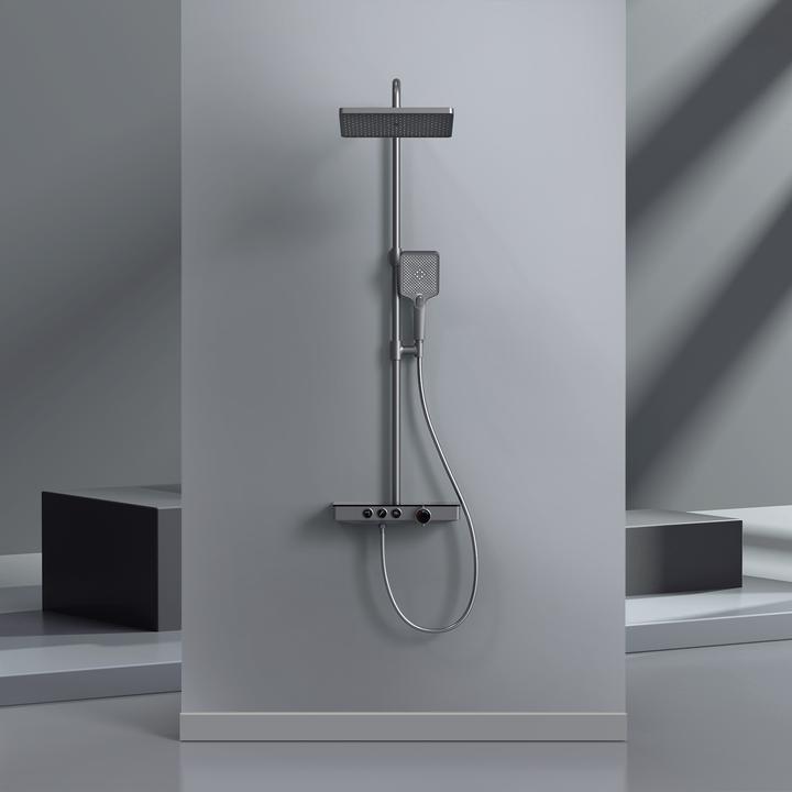 Actual product image Emke Thermostatic Shower System with Overhead Rain Shower, Hand Shower, and Lower Outlet, Black Metal