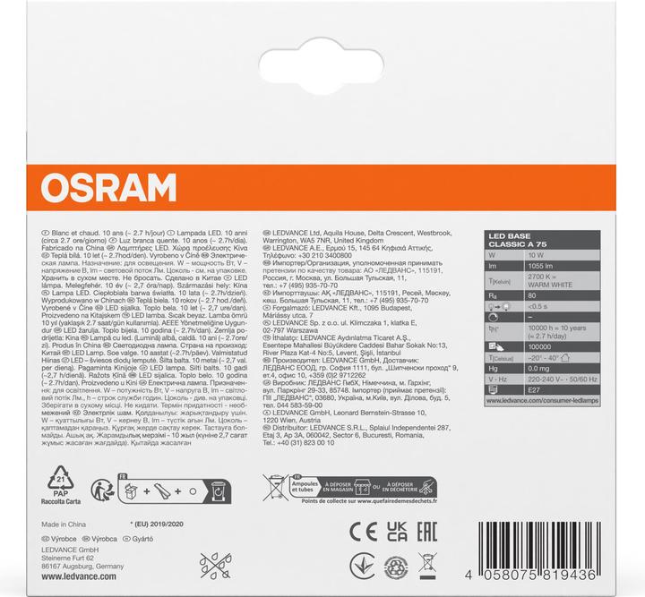 Produktbild Osram Led Base Classic A (E27, 10.50 W, 1055 lm, 3 x, F)