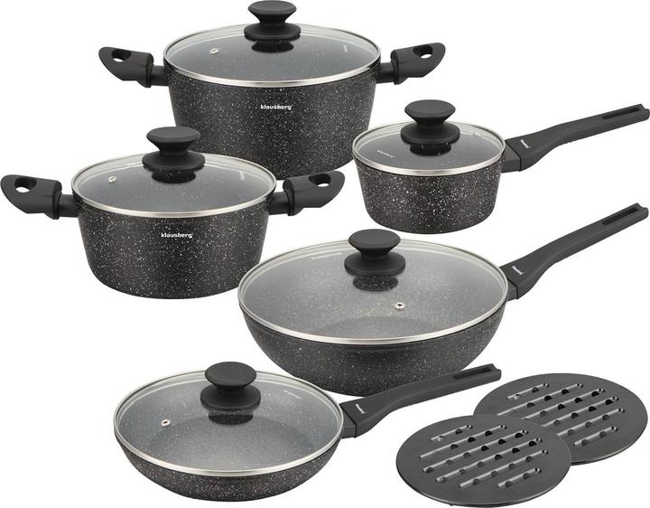 Actual product image Klausberg Aluminium cooking set, 5 pans incl. glass lid with 2 trivets (Pan set + pot set, Aluminium)