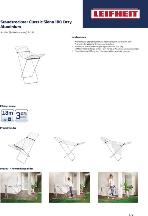 Actual product image Leifheit Classic Siena 180 Easy Aluminium tumble dryer (18 m)