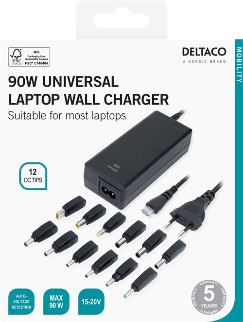 Image du produit Deltaco Chargeur universel pour ordinateur portable, 15-20V, 6A, 90W, 12-tips - Black (90 W)