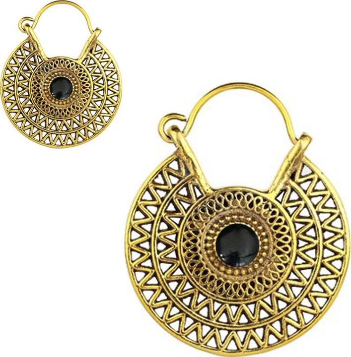 Star Piercing Ohrring vergoldet Teller zwei Zickzack Reihen mit Onyx Stein (Messing, Mineralisch)