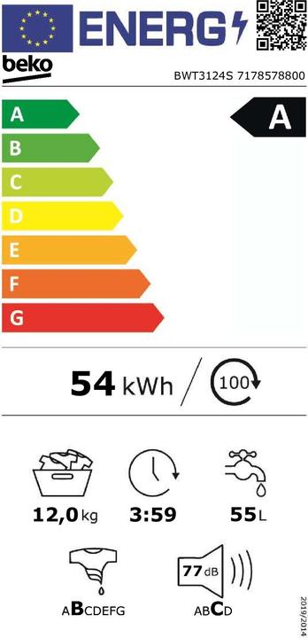Energie-Label Beko BWT3124S Frontlader-Waschmaschine 12 kg 1400 U/min Weiss (12 kg, Links)