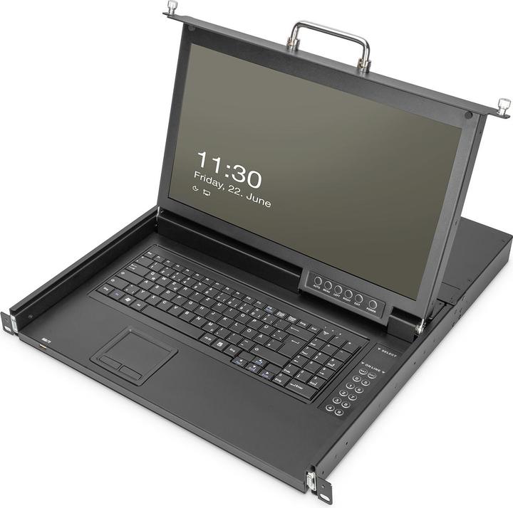 Produktbild Digitus Modul. 43,2cm HD LCD TFT Konsole, 16 Port VGA,UK mit 16 Port VGA KVM, UK Tastatur, RAL 9005 schwarz
