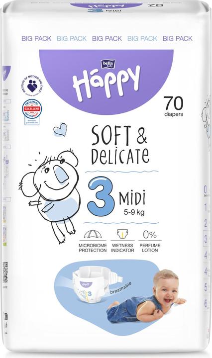Actual product image happy Baby Midi 3 5-9kg Babywindeln, 70 Stück (Size 3, 70 Piece)