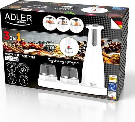 Actual product image Adler Electric Salt and pepper grinder AD 4449w 7 W, Housing material ABS plastic, Lithium, Matte White (Various spices)