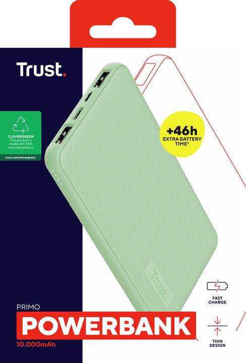 Produktbild Trust POWER BANK USB 10000MAH/PRIMO GREEN 25029 (10000 mAh, 15 W, 37 Wh)