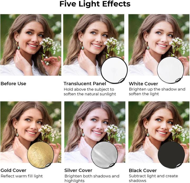 Produktbild K&F Concept 5 in 1 Circular Photography Reflector 80cm with Handle Grip Gold Sliver Black White Translucent Pan