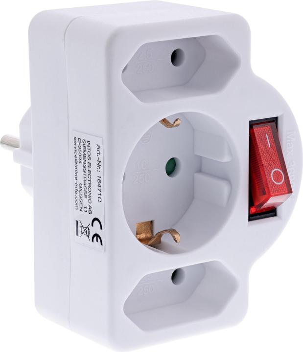 Actual product image InLine Socket outlet adapter with switch, earthing contact plug to 2x Euro socket + 1x earthing contact (CEE 7/3, 3 x)
