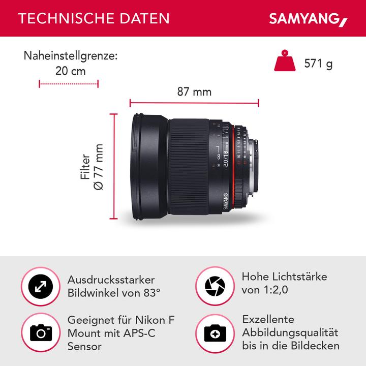 Produktbild Samyang 16mm f/2 ED AS UMC CS - Nikon F (Nikon F, Nikon DX, APS-C / DX)