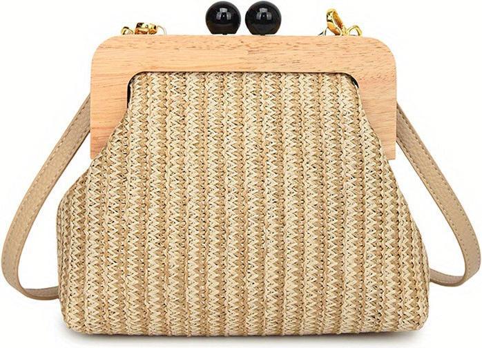 Only-Bags.Store Vintage Woven Crossbody Bag, bunt gestreifte Shell Clutch, Holzschnappverschluss