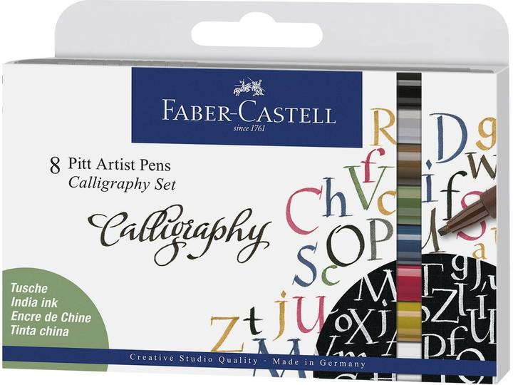 Faber-Castell Feutres à l'encre de Chine Pitt Artist Pen Calligraphy 8 couleurs (Bleu, Noir, Marron, Vert, Blanc, Jaune, Rose, 8 x)
