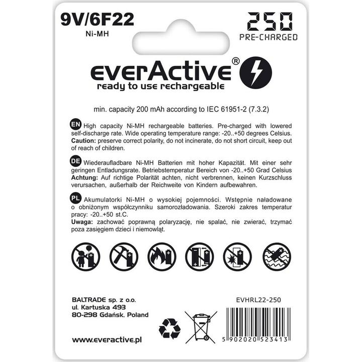 Energy Label Everactive Rechargeable 6F22 9V 250 mAh (1 pcs., 9V Block, 200 mAh)