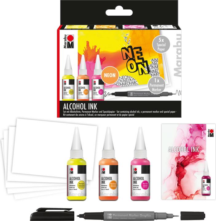 Image du produit Magni Marabu 1216000000102 - Set d'encre à alcool Neon avec 3 x 20 ml d'encre à alcool, 1 x marqueur (Multi)