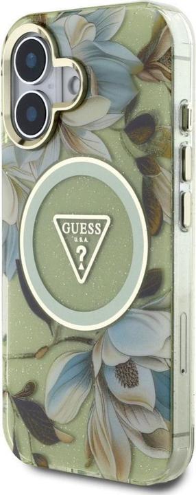 Immagine prodotto Guess Glitter Flowers Triangle Buttons MagSafe case for iPhone 16 green (Apple iPhone 16)
