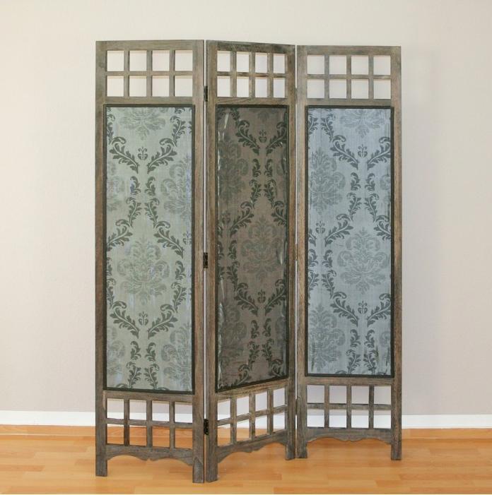Actual product image Homestyle4u 3 part screen room divider wood partition brown grey pattern fabric Spanish wall