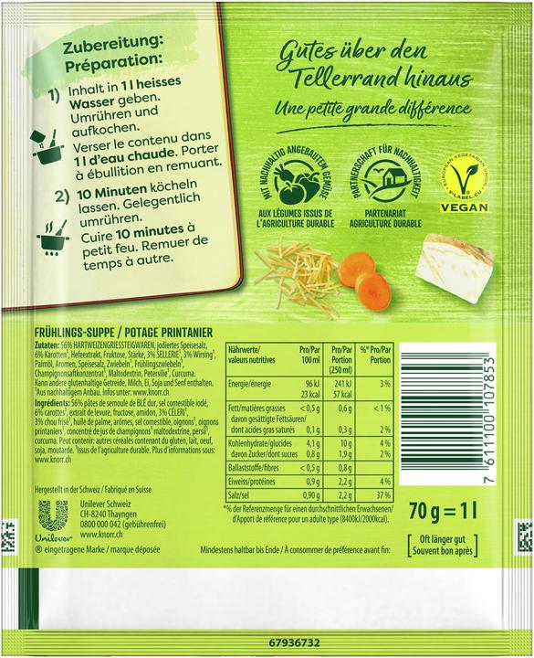 Valori nutrizionali e ingredienti Knorr Bustina di zuppa primaverile con flädli, zuppa con verdure senza additivi esaltatori di sapore