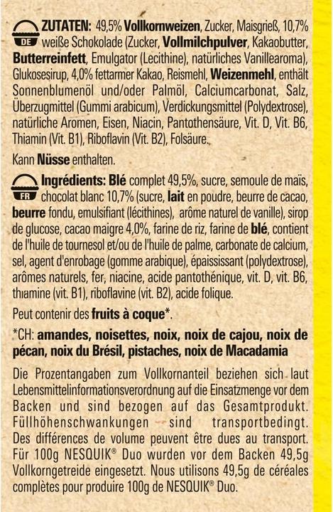 Valeurs nutritives et ingrédients Nesquik Duo Céréales (325 g)