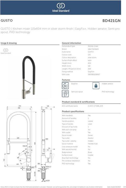 Actual product image Ideal Standard Gusto Ausld.225mm Semi-Pro 2F shower H:604mm