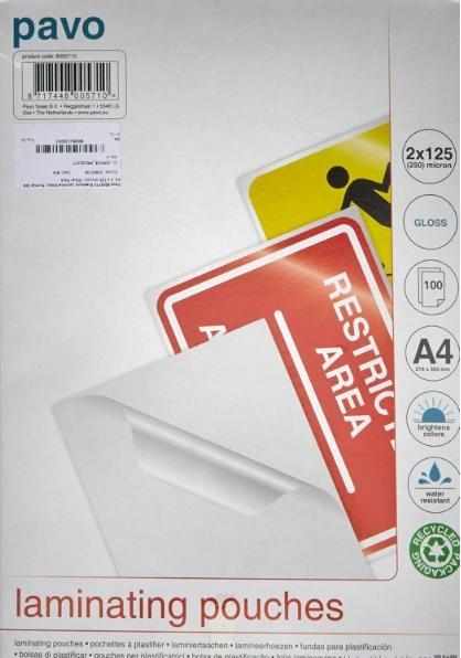 Immagine prodotto pavo Pellicola di laminazione A4, 125 µm, 100 pezzi, lucida (A4, 100 Pezzo/i, 125 µm)