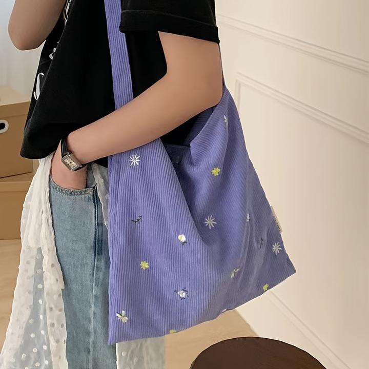 Only-Bags.Store Corduroy shoulder bags, casual tote with daisies, versatile everyday fashion accessory hobo bag