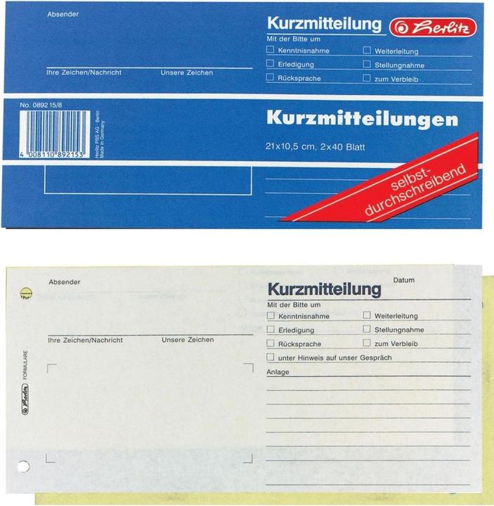 Produktbild Herlitz Formularbuch "Kurzmitteilung", 1/3 A4 quer (40 x)