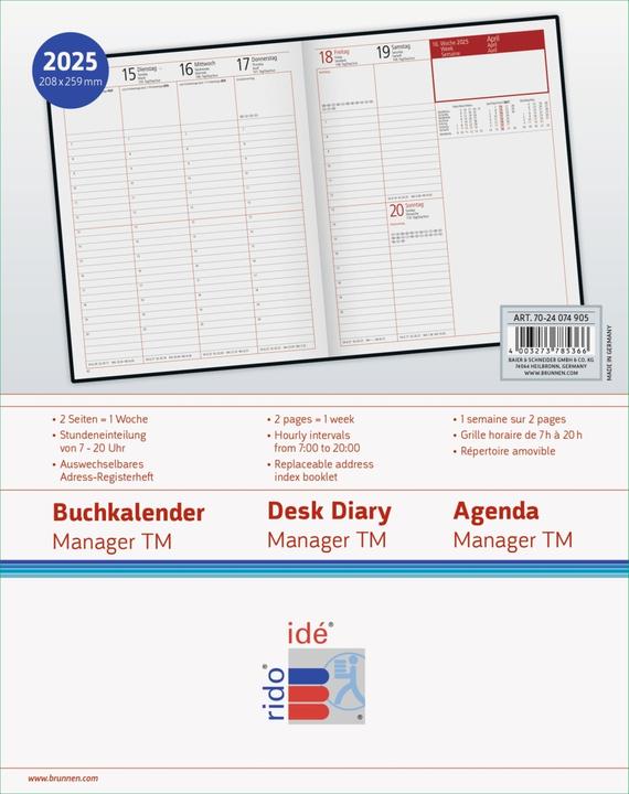 Image du produit rido/idé 7024074905 Book Calendar Model Manager Calendar TM (2025)| 2 pages = 1 semaine| 205 × 26 (Anglais, Français, Allemand)