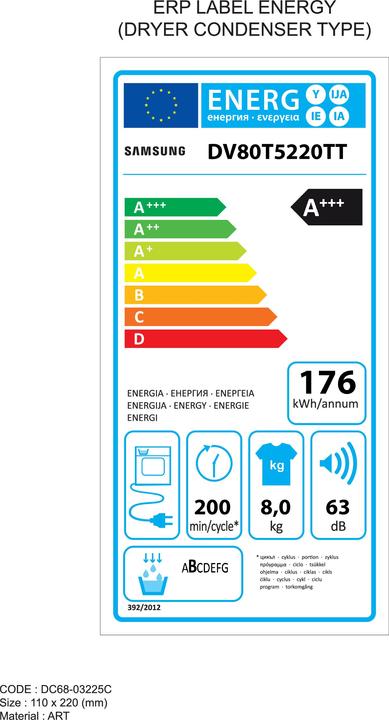 Energie-Label Samsung DV80T5220TT Wärmepumpen-Wäschetrockner (8 kg, Links)