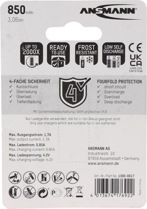 Image du produit Ansmann Batterie 16340 850mAh 1 pc. (1 pcs, C, 850 mAh)