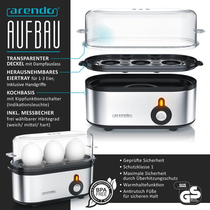 Produktbild Arendo Frühstücks Set, Wasserkocher 1,7l Temperaturwahl, 2-Scheiben Toaster & Eierkocher für 3 Eier, Silber