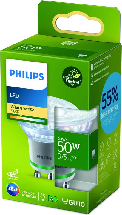 Productafbeelding Philips Klassieke ultra-efficiënte LED lamp met energie-efficiëntieklasse A, vervangt 50W, GU10 lampvoet, wa (GU10, 2.10 W, 375 lm, 1 x, A)