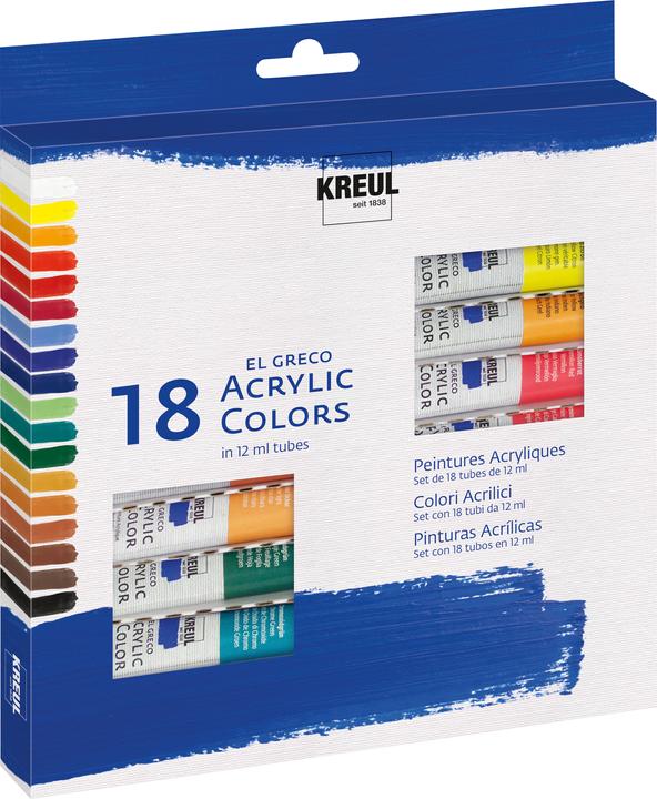 Actual product image Kreul EL GRECO - set of 18 acrylic paints (Real yellow lemon, Titanium white, Light green, Leaf green, Madder Red, Lights Ochre, Crimson, Burnt umber, Ultramarine blue, Black, Chrome oxide green, Light blue, Cobalt blue dark, 216 ml)