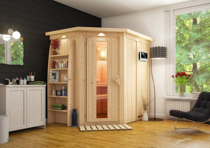 Produktbild Karibu Sauna Caspin Eckeinstieg, Kranz (Plug & Play 3,6 KW externe Steuerung)