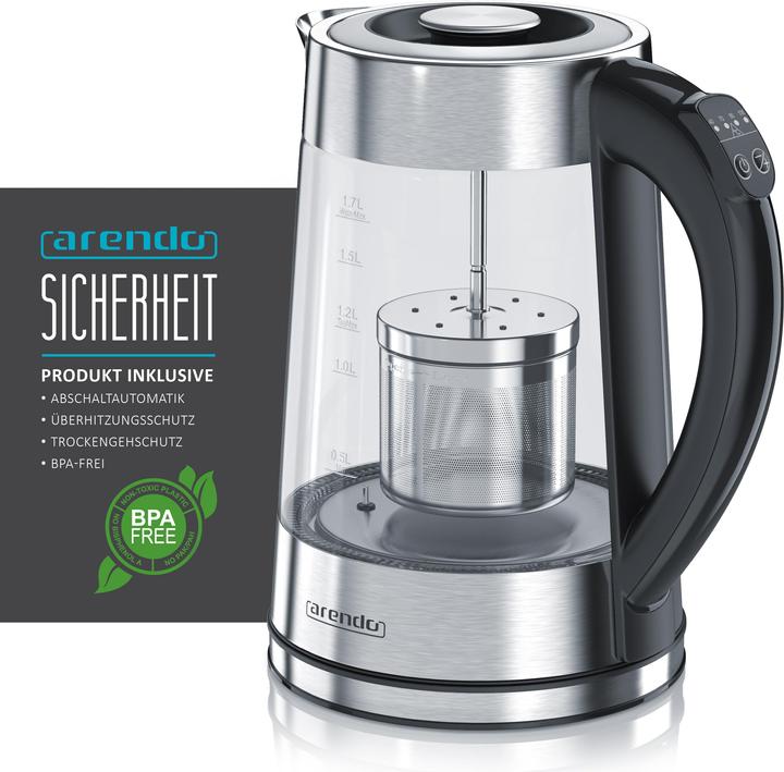 Produktbild Arendo Wasserkocher 1,7 l, 2200 W, Edelstahl & Glas mit Teesieb, Teekocher, Temperaturwahl 40° C - 100° C (1.70 l)