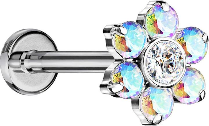 Image du produit Star Piercing Micro Threadless Labret argenté fleur cristaux multicolores (Titane G23, sans laiton)
