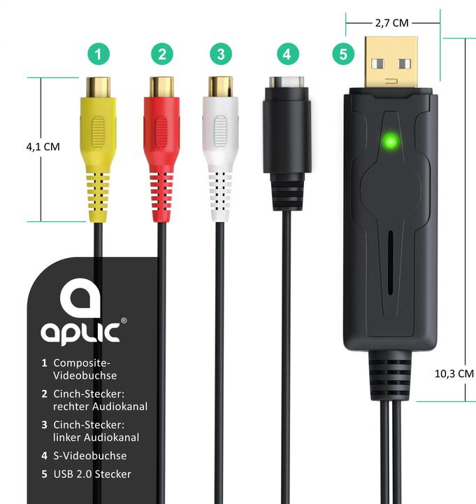 Image du produit Aplic Carte d'acquisition vidéo audio USB, convertisseur audio vidéo, adaptateur vidéo de postproduction (USB 2.0, signal TV analogique)