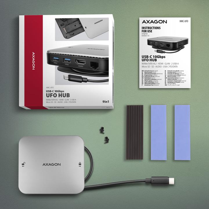 Actual product image Axagon HMC-UFO USB-C hub, M.2 SATA/NVMe, 1 Gbit/s Ethernet, 384 kHz audio - black/silver (USB-C, 3 Ports)