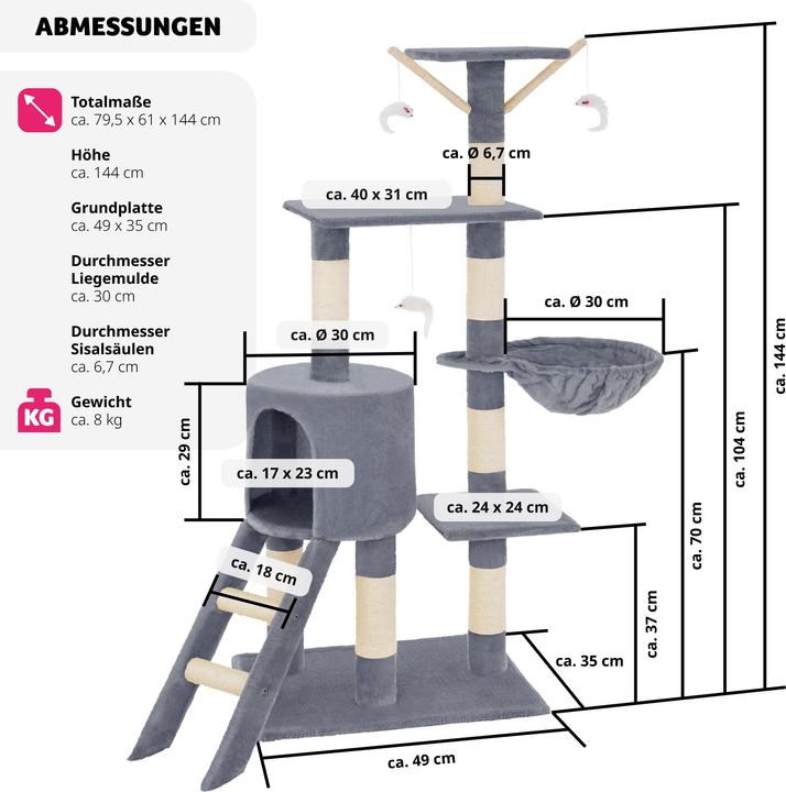 Image du produit tectake Arbre à chat Dominik (144 cm, Gris)