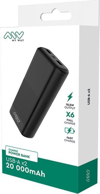 Immagine prodotto My Way MYWAY POWERBANK 2 USB 20 000mAh NOIR (20000 mAh, 10 W, 74 Wh)