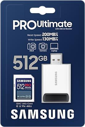 Actual product image Samsung PRO Ultimate with USB card reader (512 GB, SDXC, U3, UHS-I)