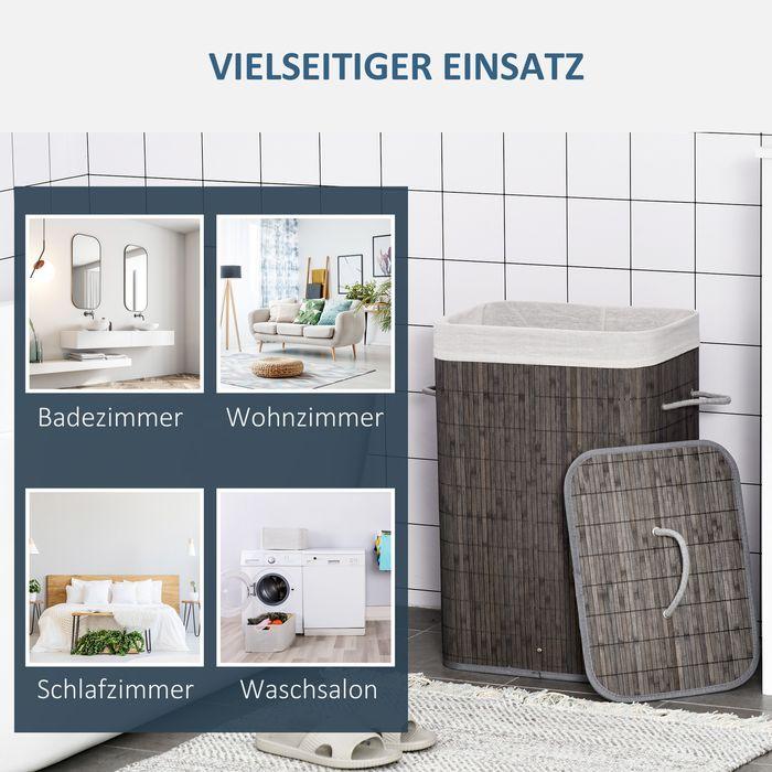 Actual product image Swisshandel24 Bambus Wäschekorb schmal mit Deckel 83L Wäschesammler mit Griffen Grau (83 l)