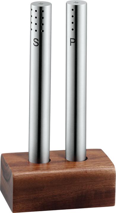 WMF Salzstreuer und Pfefferstreuer Set 3-teilig Cromargan Edelstahl mattiert mit Holz-Ständer (Salz, Pfeffer)