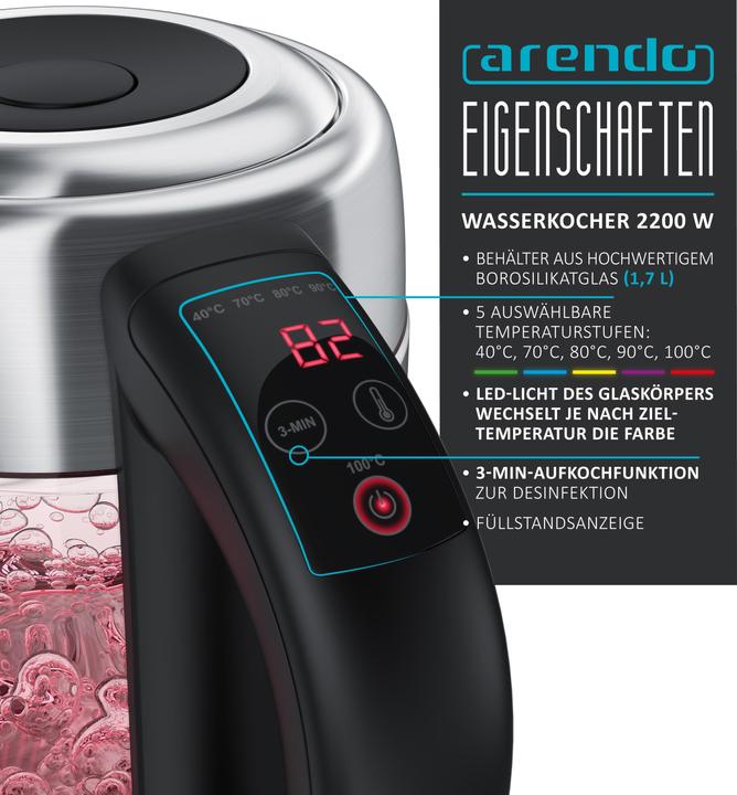 Immagine prodotto Arendo Bollitore da 1,7 l, 2200 W, acciaio inox con corpo in vetro, selezione della temperatura 40°C - (1.70 l)