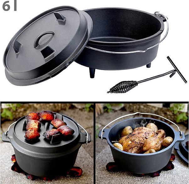 Produktbild Rosenstein & Söhne Dutch Oven aus Gusseisen mit Standfüssen, 2in1-Deckel & -Pfanne, 6 l
