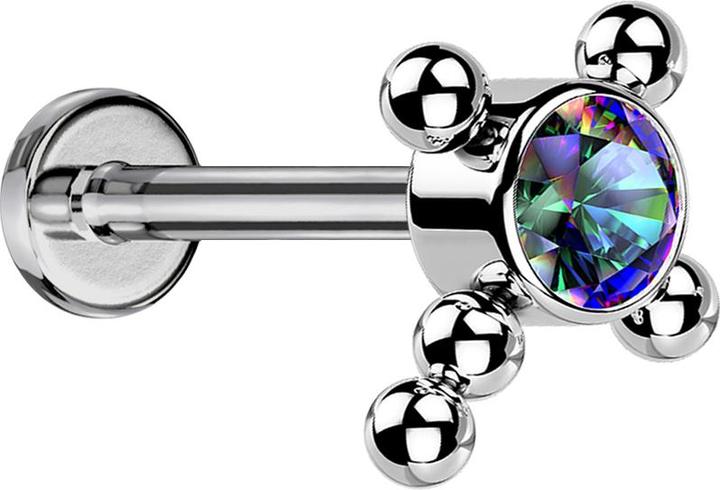 Star Piercing Micro Labret Innengewinde silber Kreuz Kugeln Kristall dunkel multicolor (Titan G23, ohne Messing)