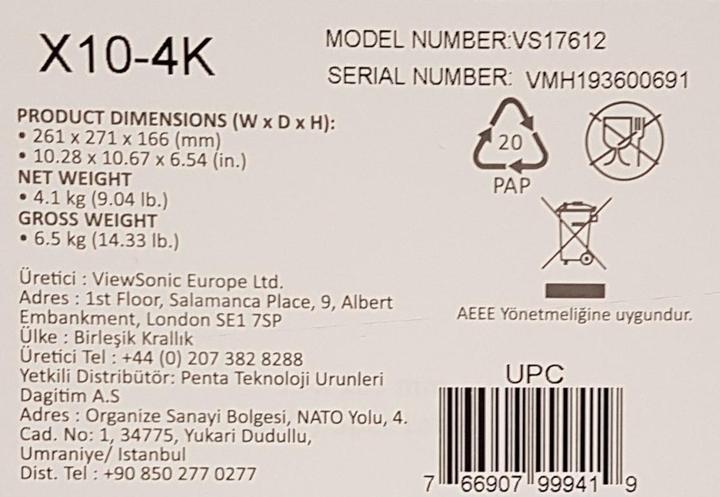 Immagine prodotto Viewsonic X10-4K (4K, 2400 lm, 0.8:1)