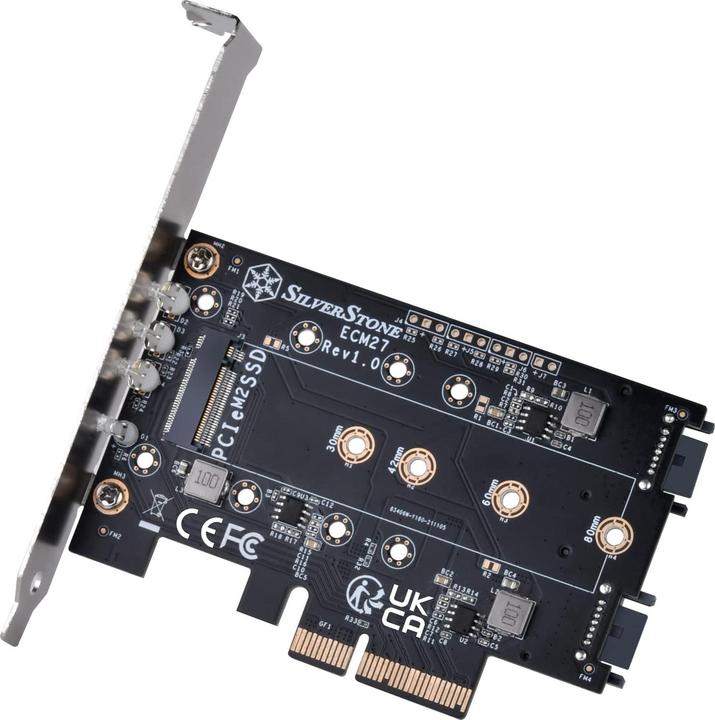 Actual product image Silverstone SST-ECM27 M.2/SATA adapter card, PCIe 4.0, 1x M-Key, 2x SATA 6G - low profile