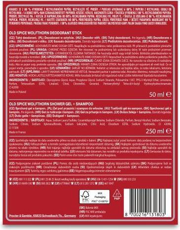 Valori nutrizionali e ingredienti Old Spice Set Di Spezie Antiche Wolfthorn (Stick, 250 ml)
